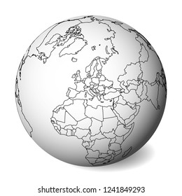 Blank political map of Europe. 3D Earth globe with black outline map. Vector illustration.