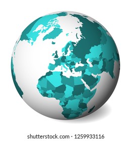 Blank political map of Europe. 3D Earth globe with turquoise blue map. Vector illustration.