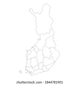 Mapa político en blanco de Finlandia. Divisiones administrativas - regiones. Mapa del vector de contorno negro simple