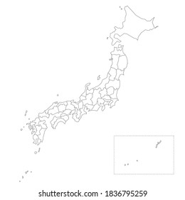 Blank political map of Japan. Administrative divisions - prefectures. Simple black outline vector map.