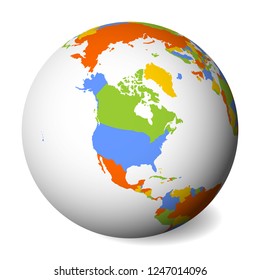 Blank Political Map Of North America. Earth Globe With Colored Map. Vector Illustration.