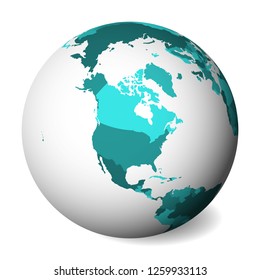 Blank political map of North America. 3D Earth globe with turquoise blue map. Vector illustration.