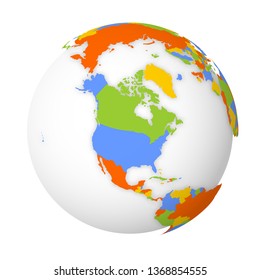 Blank political map of North America. Earth globe with colored map. Vector illustration.