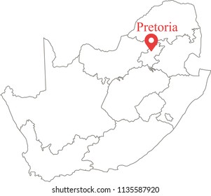 Blank political map of South Africa with provinces border vector outline illustration and capital location Pretoria