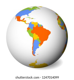 Blank political map of South America. Earth globe with colored map. Vector illustration.