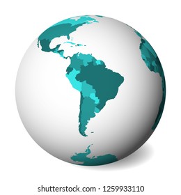 Blank political map of South America. 3D Earth globe with turquoise blue map. Vector illustration.