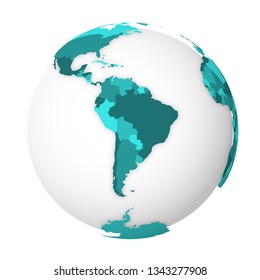 Blank political map of South America. 3D Earth globe with turquoise blue map. Vector illustration.