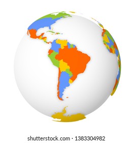 Blank political map of South America. Earth globe with colored map. Vector illustration.