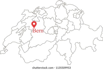 Blank political map of Switzerland with provinces border vector outline illustration and capital location Bern