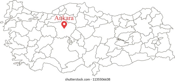 Blank political map of Turkey with provinces border vector outline illustration and capital location Ankara