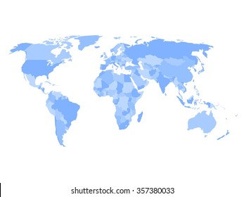 Blank political map of world in four shades of blue and white background. Simplified vector map.