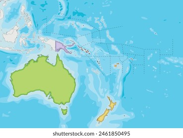Ilustración vectorial de Mapas de Oceanía con diferentes colores para cada país. Capas editables y claramente etiquetadas.
