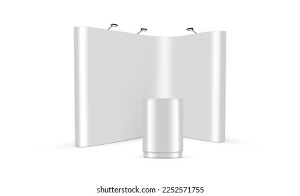 Blank Pop Up Display Stand with Lights and Table, Front View. Vector Illustration