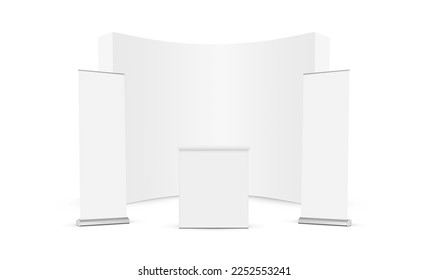 Blank Pop Up Display Stand With Table and Roll Up Banners Mockup, Isolated on White Background. Vector Illustration