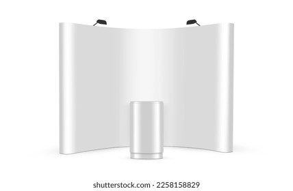 Blank Pop Up Exhibition Stand Mockup With Demonstration Table, Front View, Isolated on White Background. Vector Illustration
