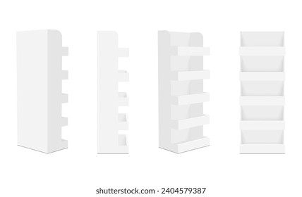 Soporte de visualización de POS en blanco con estantes, frontal, lateral, trasera, aislado en fondo blanco. Ilustración vectorial