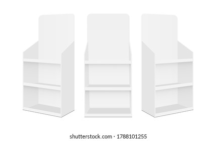 Blank POS display stands with shelves, isolated on white background. Vector illustration