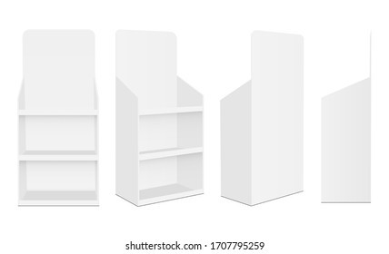 Blank POS display stands with various views isolated on white background. Vector illustration