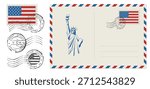 Blank post card with rubber stamp. Mockup realistic post card and postage stamp with USA flag.