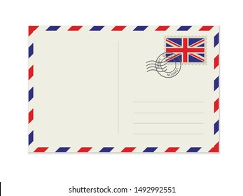 Blank post card with rubber stamp. Mockup realistic post card  and postage stamp with UK flag.