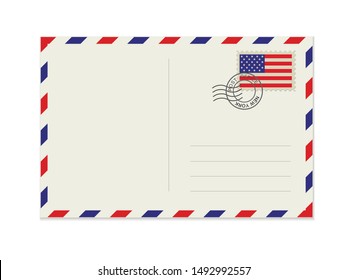 Blank post card with rubber stamp. Mockup realistic post card  and postage stamp with USA flag.