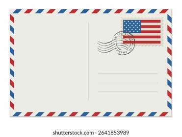 Blank post card with rubber stamp. Mockup realistic post card  and postage stamp with USA flag.