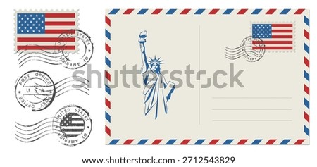 Blank post card with rubber stamp. Mockup realistic post card and postage stamp with USA flag.