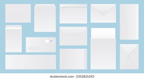 Blank post envelope collection. Set of realistic white envelopes template. Blank paper envelopes. Folded and unfolded white envelope collection