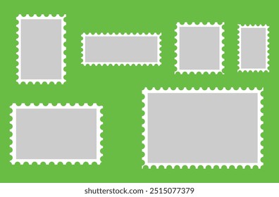 Conjunto de carimbos postais em branco. Carimbo de correio vazio. Quadros antigos isolados em fundo verde. Ilustração em branco do vetor do carimbo de correio. Criar modelo. Arquivo Eps 45.