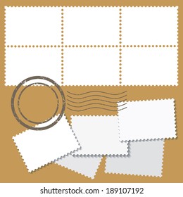 Blank postage mark in white color with stamps isolated on beige background. vector illustration 