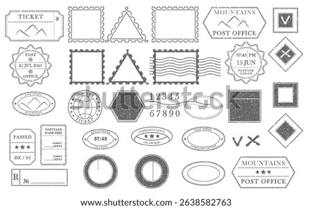 Blank postage rubber stamps. Mockup office stamp. Clean post postmark template. Vintage style sticker collection, travel destination mail, tourism, mountain, summer, sun theme. Vector illustration.