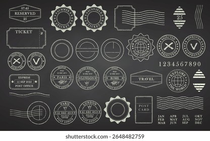 Blank postage rubber stamps on black chalkboard. Office stamps. Clean post postmark template. Vintage sticker collection, travel destination mail, tourism, mountain, summer, sun Vector illustration.