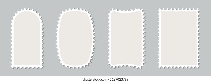 Blank postage stamp borders template. Mockup postage stamps with shadow. Realistic trendy post stamps set. Vector illustration.