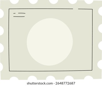 Um selo postal em branco com um círculo central e uma borda pontilhada em um estilo de linha limpo. O selo apresenta um layout simples com uma forma redonda e bordas perfuradas. Ilustração de vetor de desenhos animados.