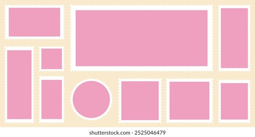 blank postage stamp collection, postage stamp in flat design, empty stamp set, postal shapes border, paper postmarks isolated on a background vector illustration set
