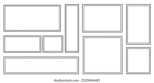 coleção de selos postais em branco, selo postal em design plano, conjunto de selos vazio, borda de formas postais, carimbos de papel isolados em um conjunto de ilustração de vetor de fundo