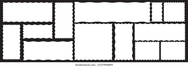 Blank Postage Stamp Frame Set. Collection of empty postage stamp frames with perforated edges, black outlines on white, ideal for mockups, templates, and vintage design concepts.
