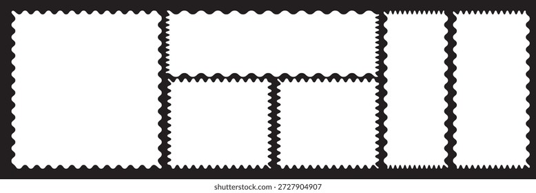 Blank Postage Stamp Frame Set. Collection of empty postage stamp frames with perforated edges, black outlines on white, ideal for mockups, templates, and vintage design concepts.
