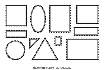 Blank postage stamp icon set. Black silhouette perforated mailing frame for envelope. Template mark with place for images or text. Different shape postal frames. Isolated on white vector illustration