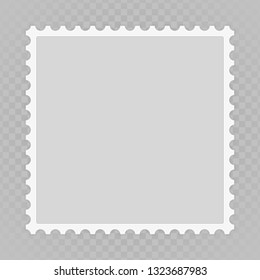 Blank postage stamp isolated on transparent background. Mark mail letter stamp template. Postal frame sticker template. Toothed border mailing postal sticker. Vector illustration EPS10.