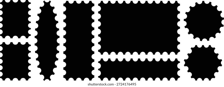 Conjunto de sello postal en blanco. Limpie la Plantilla del sello postal. Icono de franqueo. Marco de sello de postal vacío de Antiguas para la Plantilla de pegatinas de entrega de correo, elemento de filatelia. Conjunto aislado de sellos de Vector.
