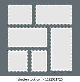 Blank postage stamp. A set of stamps with white edging on a dark gray background. Vector illustration.