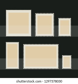 Blank postage stamp set. Toothed border stickers in different size. Vector flat style illustration on dark