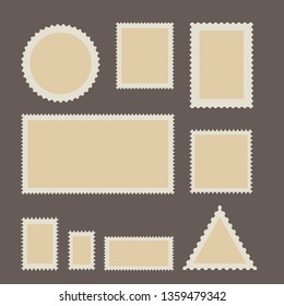 Blank postage stamp set. Toothed border stickers in different size. Vector flat style illustration