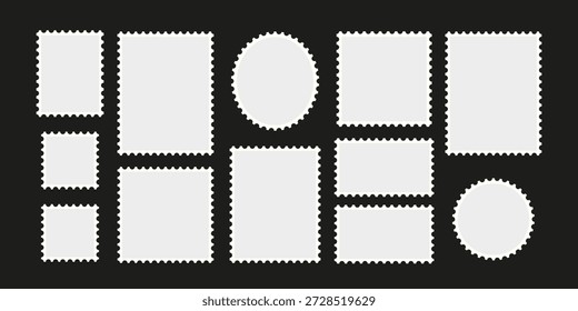 Conjunto de Plantilla de sello postal en blanco con diferentes Formas. Marcos de Vector para diseño postal, etiquetas, insignias, scrapbooking, branding y maquetas.