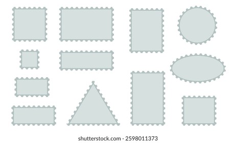Blank postage stamp templates set. Sticker with torn edge square, rectangle, circle, triangle shape. Template stamp for letter or parcel, vector graphics