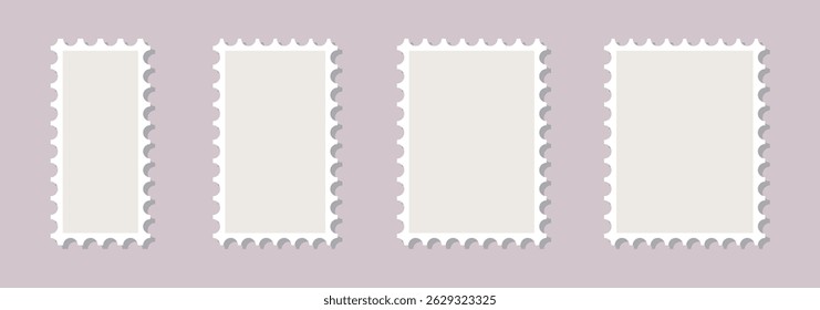 Blank postage stamps border vector set. Mockup postage stamps with shadow. Realistic trendy post stamps set. Vector stock.