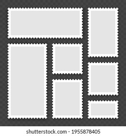 Blank postage stamps collection. Sticky paper stamp with shadow. Vector illustration.