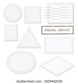 Blank Postage Stamps Different Shapes Set - Triangle, Square, Round, Oval, Rhombus. Isolated On White.