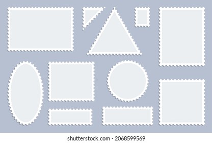 Blank postage stamps in flat style icon set. Collection perforated sticker. Template paper mark with place for your images and text. Different shape postal picture frames. Vector illustration on gray